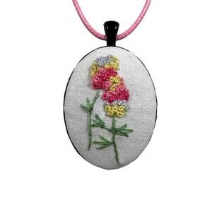 Yellow & Pink Floral Embroidery Pendant Handmade Jewelry